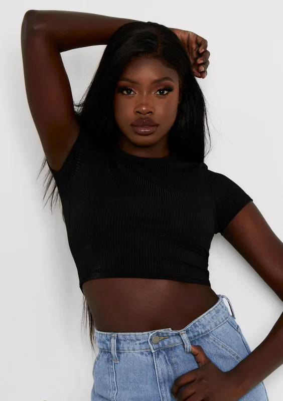Nina Black Ribbed Short Sleeve Cropped Tee sold by Missy Empire
