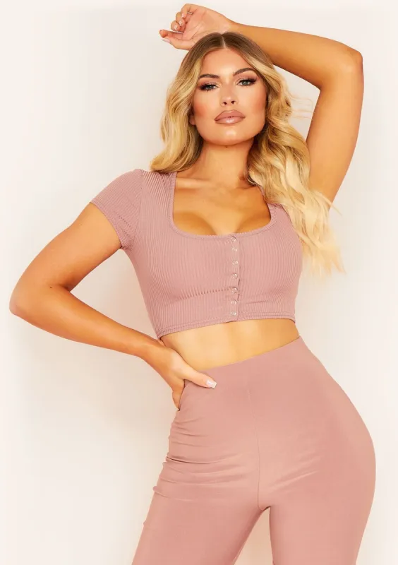 Tina Mocha Ribbed Popper Front T-shirt Crop Top sold by Missy Empire