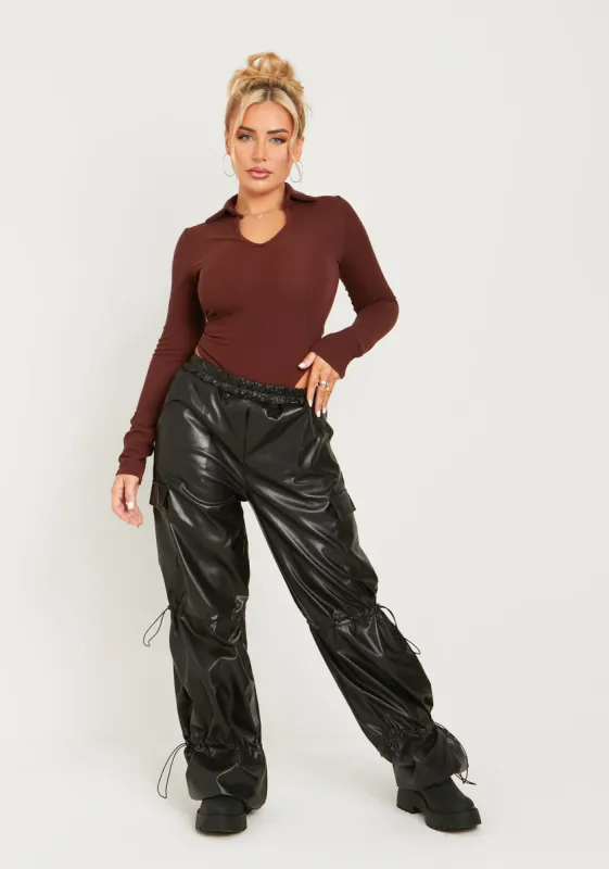 Kori Black PU Toggle Cargo Trousers sold by Missy Empire