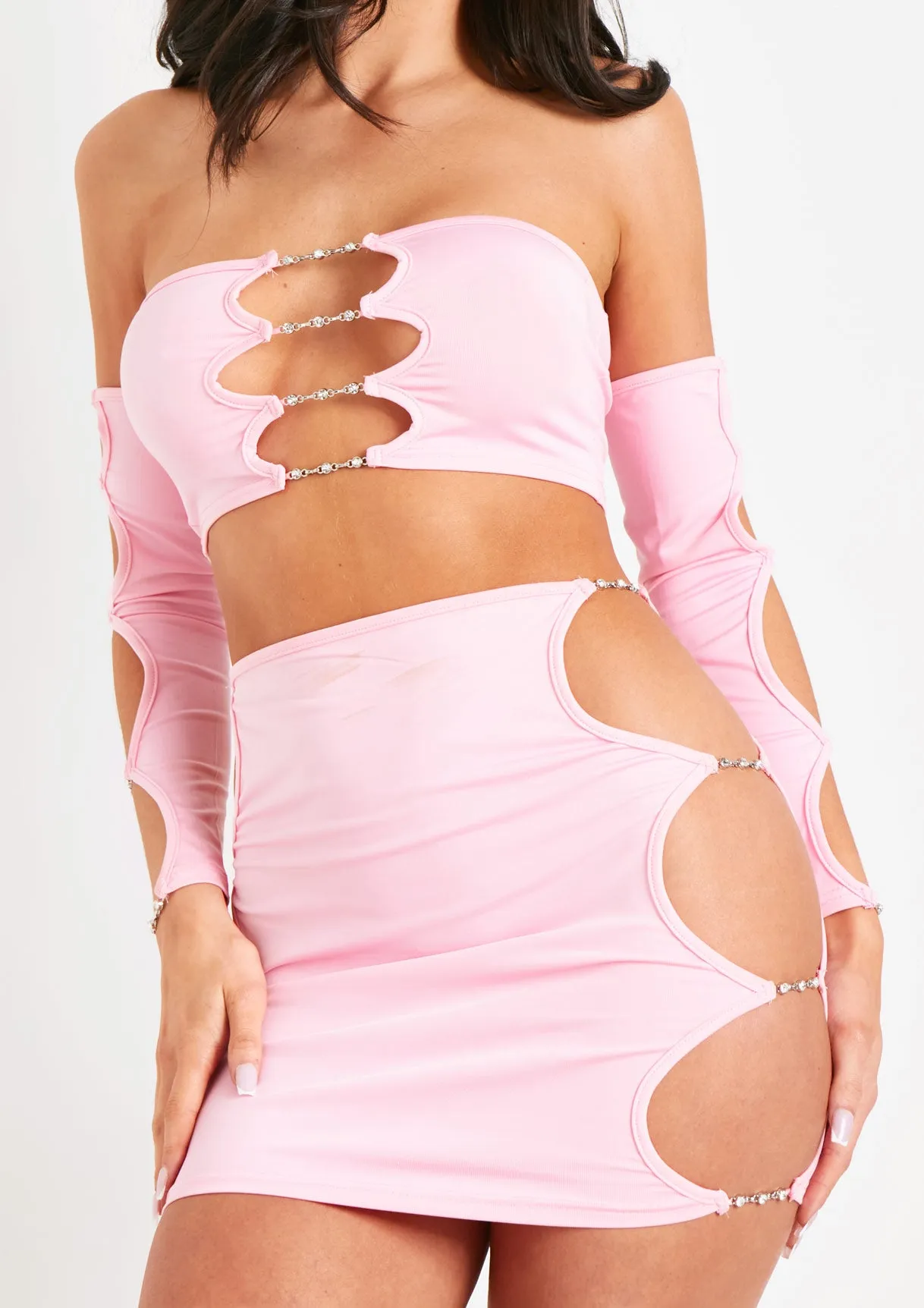 Immie Pink Jewel Crop Top Cut Out With Separate Sleeves sold by Missy Empire product image thumbnail 2