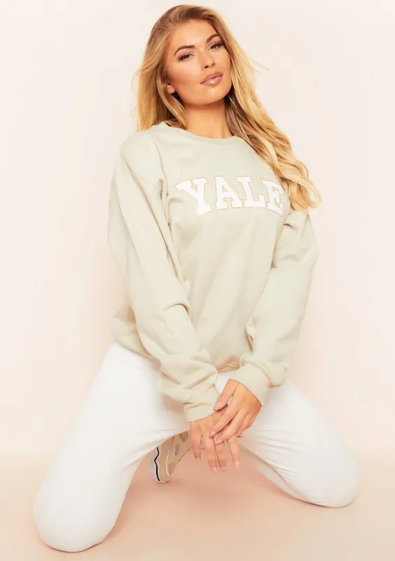 Mila Beige Yale Slogan Oversized Sweatshirt sold by Missy Empire