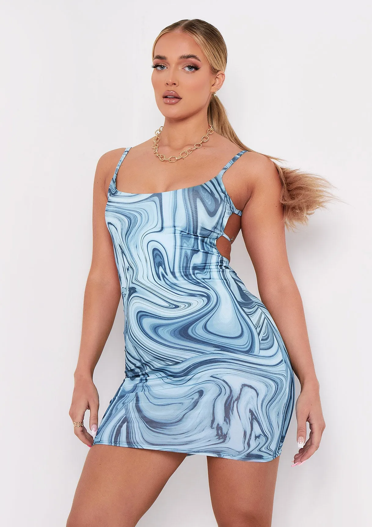 Kaylin Blue Print Slinky Strappy Mini Dress sold by Missy Empire