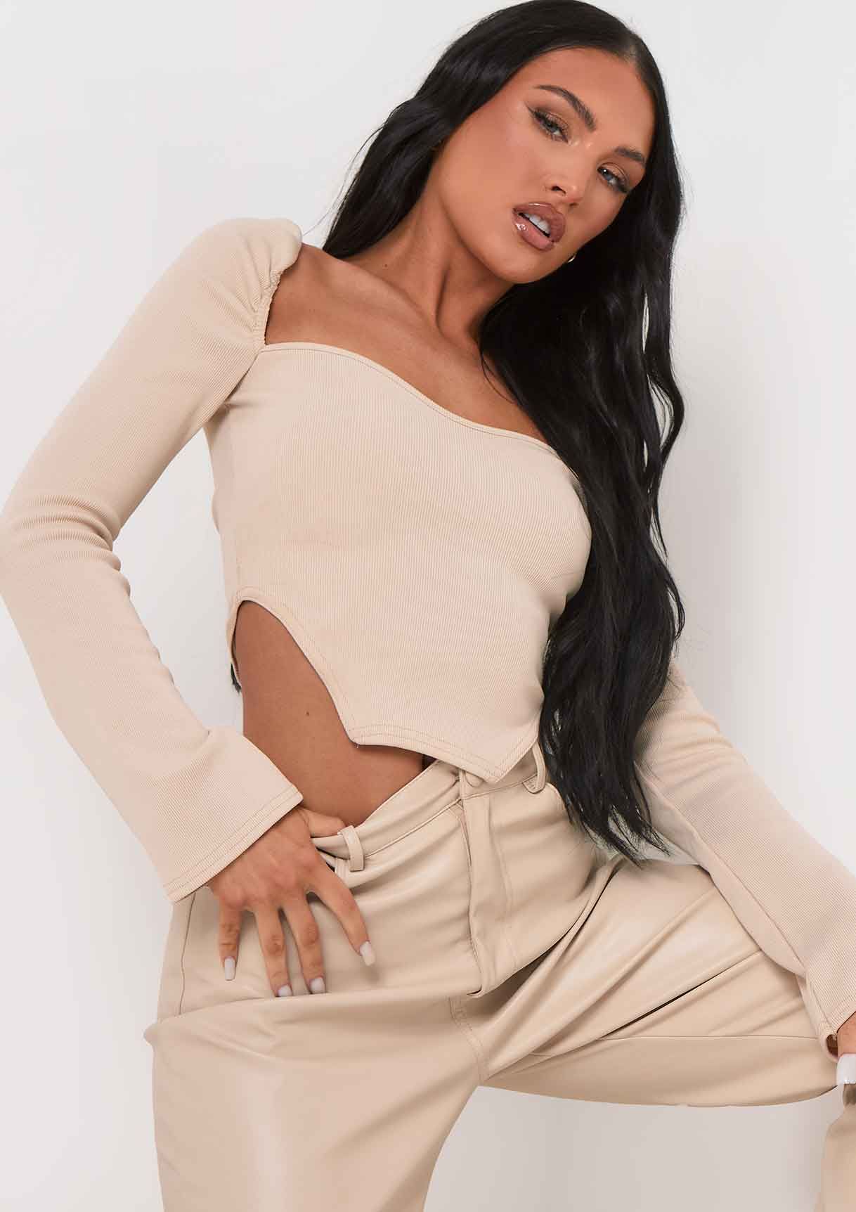 Jasmine Stone Ribbed Long Sleeve Corset Top sold by Missy Empire