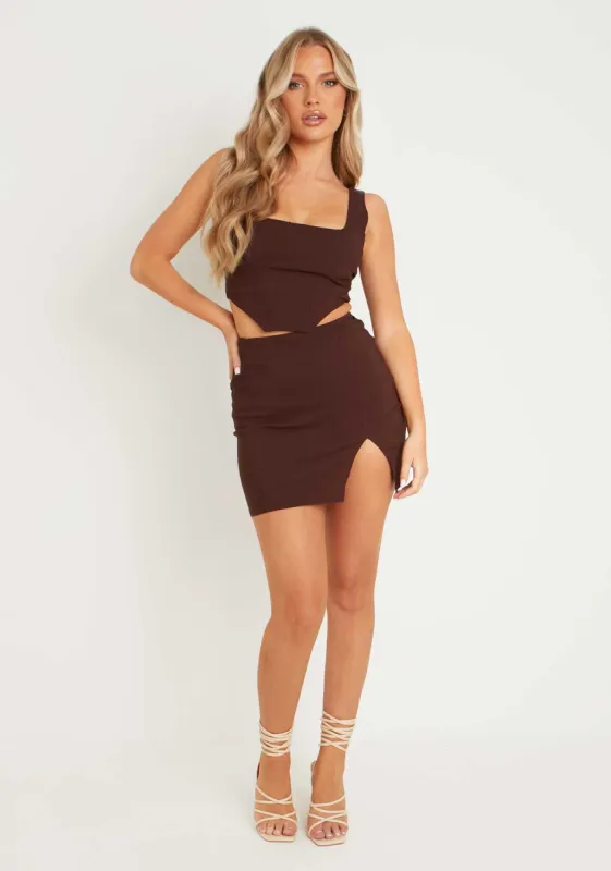Chelsey Chocolate High Waisted Mini Skirt With Split sold by Missy Empire