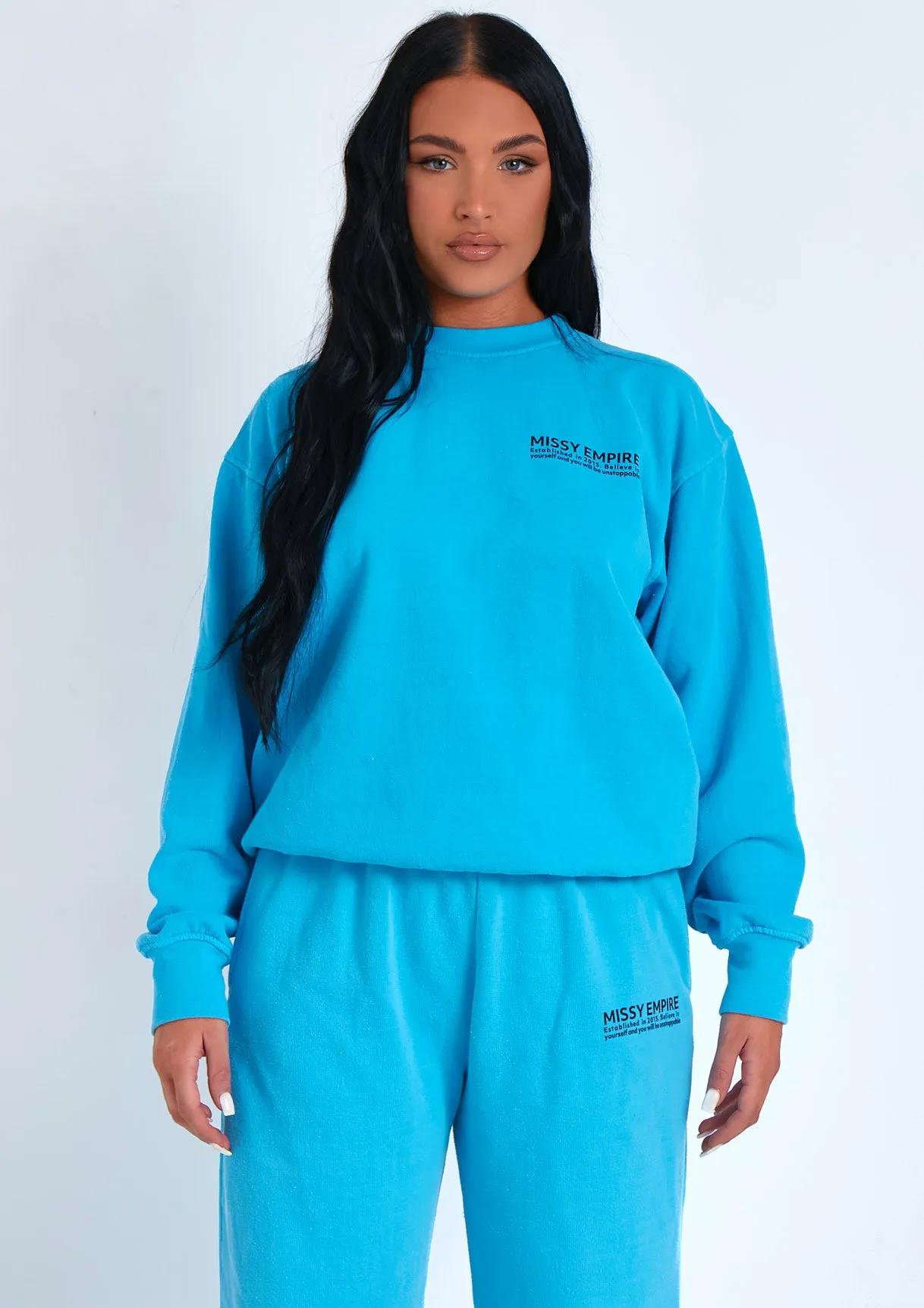 Alesha Blue Missy Empire Text Oversized Sweatshirt sold by Missy Empire