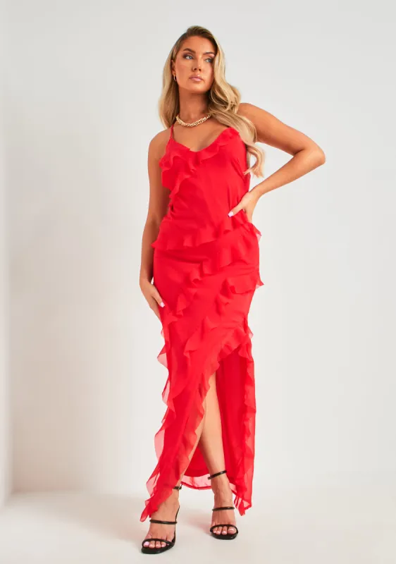 Cora Red Strappy Frill Maxi Dress sold by Missy Empire