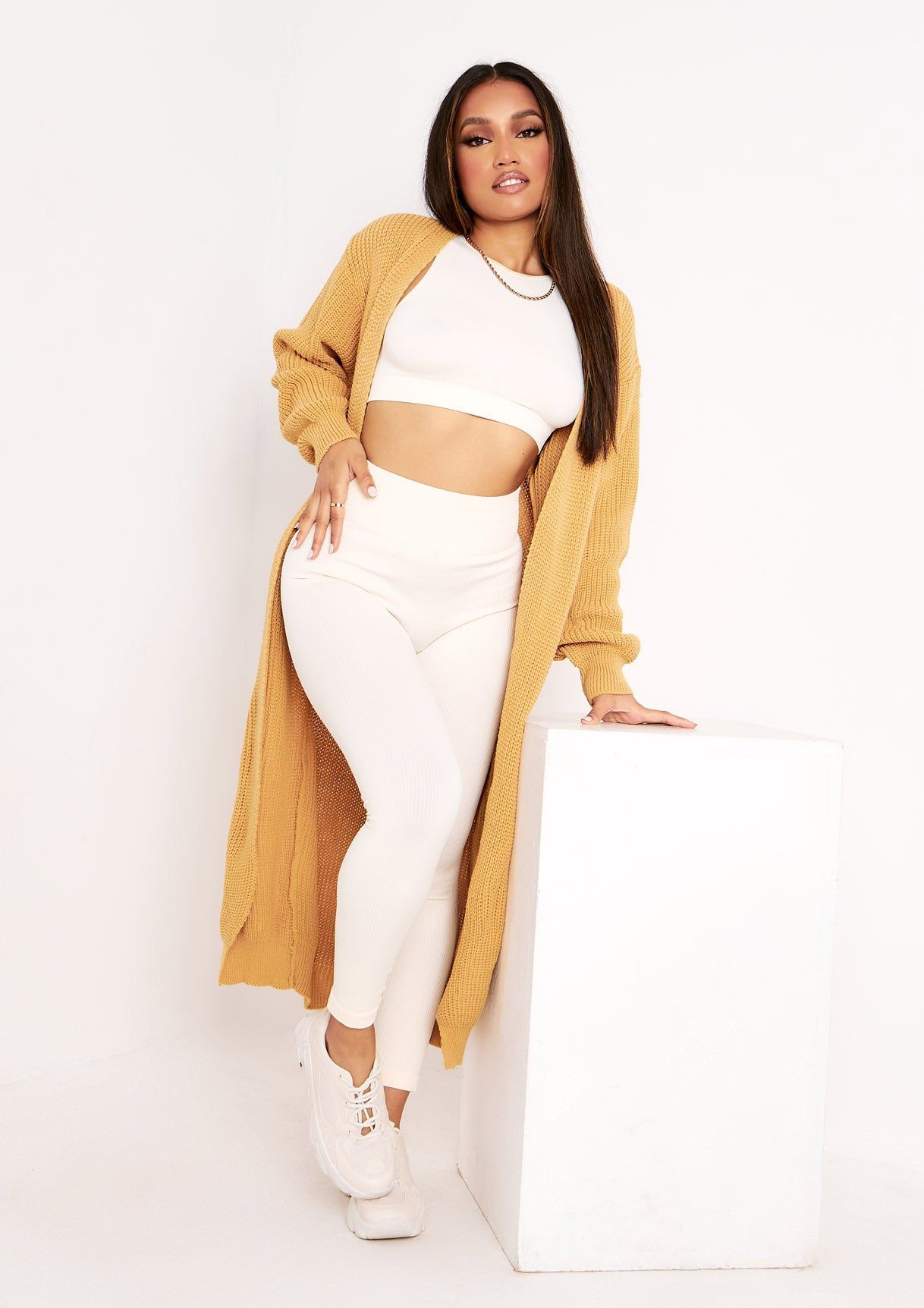 Addie Camel Longline Knit Cardigan sold by Missy Empire