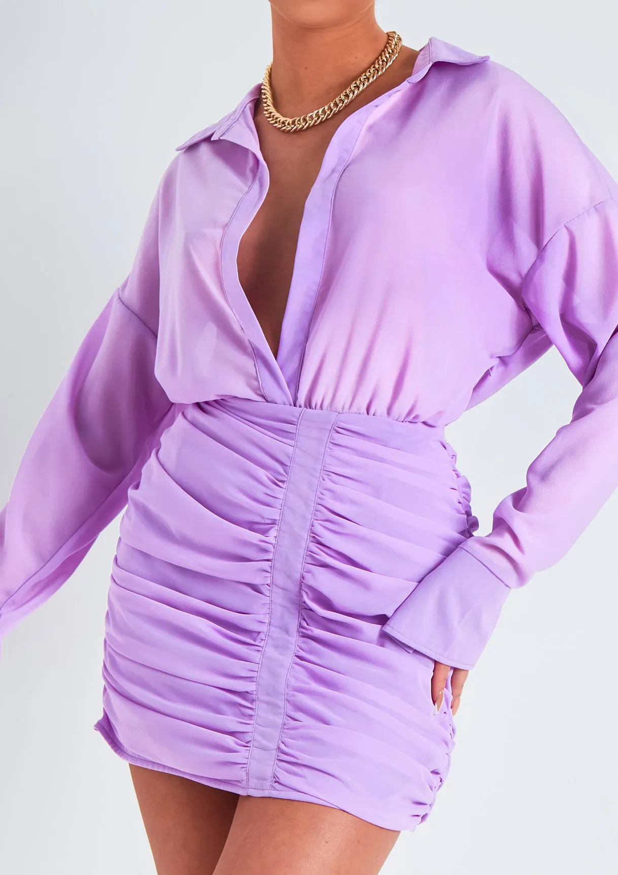 Kirsty Lilac Long Sleeve Plunge Front Ruched Skirt Mini Dress sold by Missy Empire product image thumbnail 2