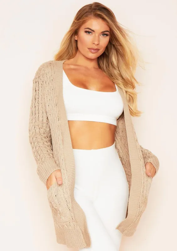 Fiona Beige Cable Knit Long Cardigan sold by Missy Empire