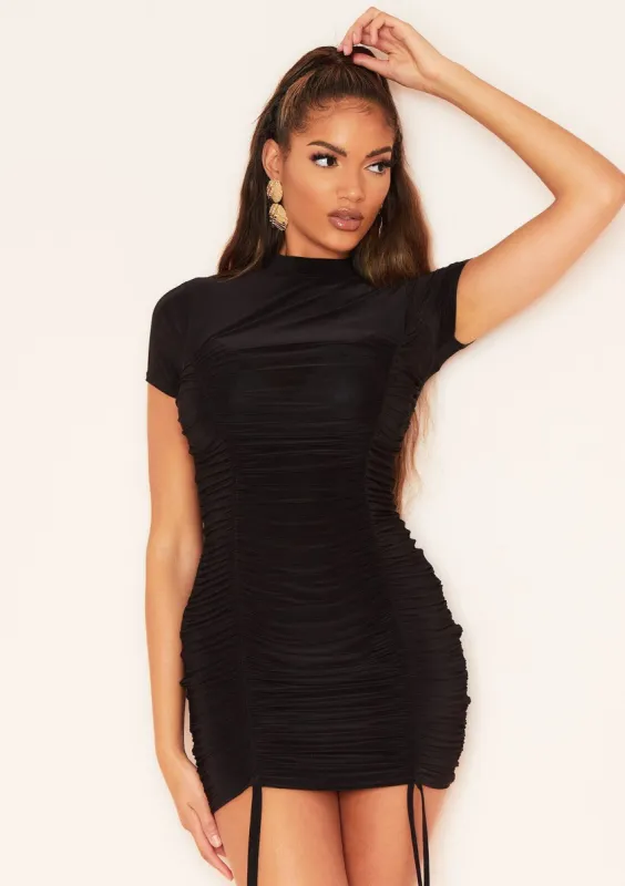 Olivia Black Side Ruched High Neck Mini Dress sold by Missy Empire