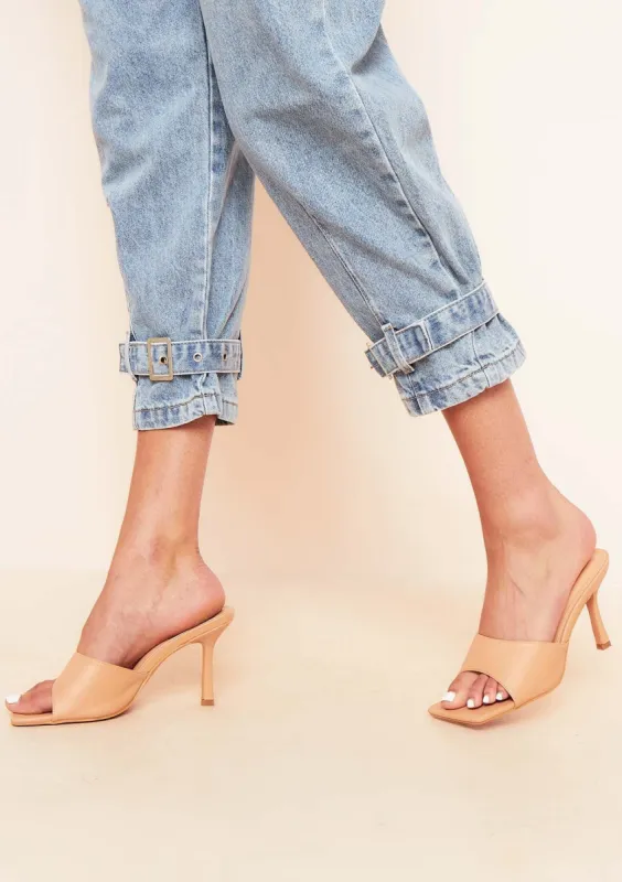 Khloe Beige Square Toe Heeled Mules sold by Missy Empire