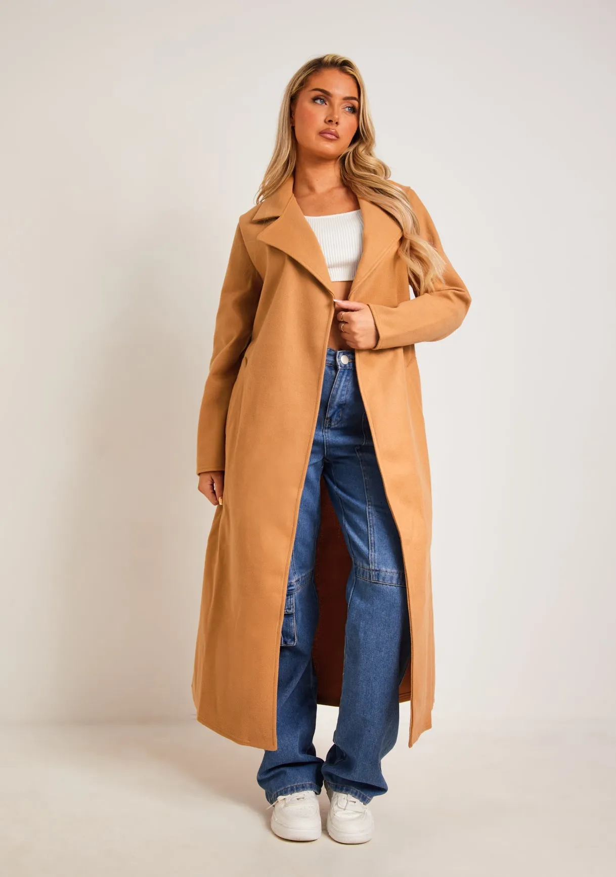 Layla Camel Long Belted Formal Coat sold by Missy Empire
