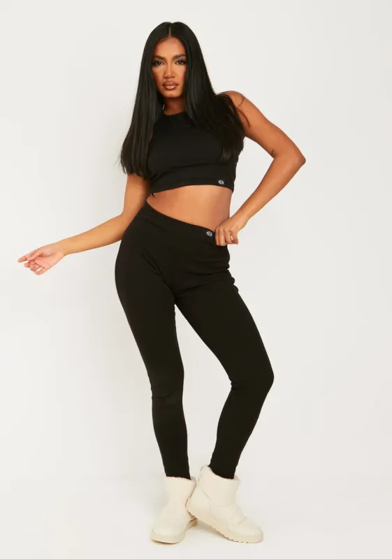 Cerys Black Missy Tab Detail Thick Rib Leggings made by Missy Empire