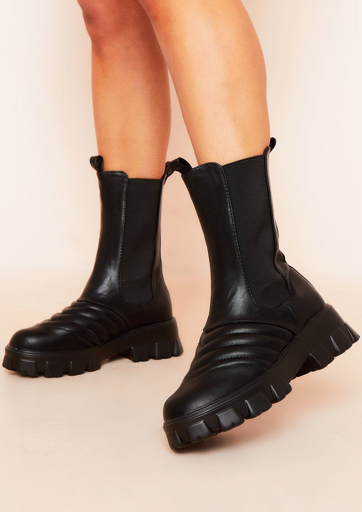 Abigail Black Chunky Sole Biker Quilted Boots sold by Missy Empire product image thumbnail 2