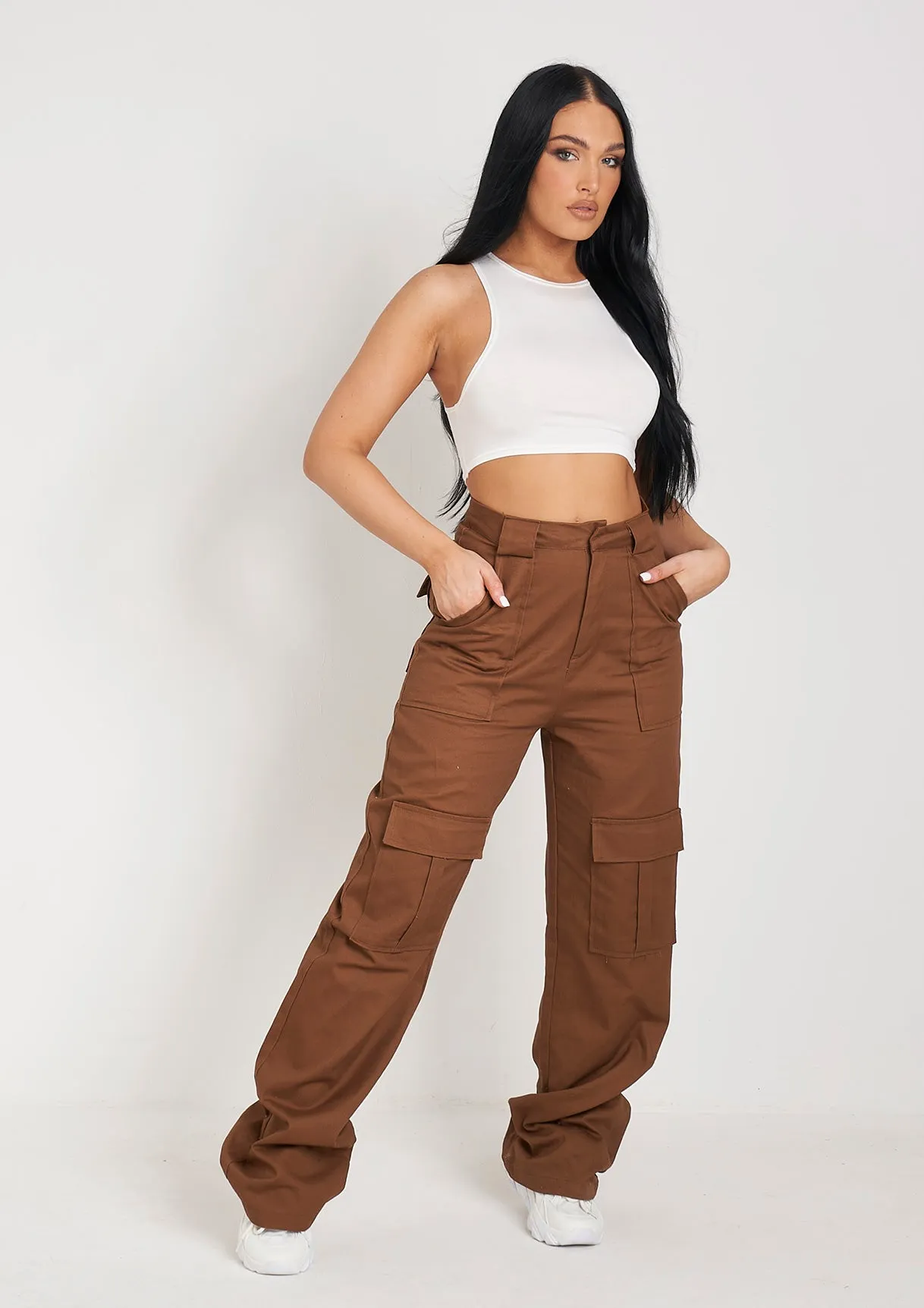 Amaia Chocolate High Rise Cargo Trousers sold by Missy Empire