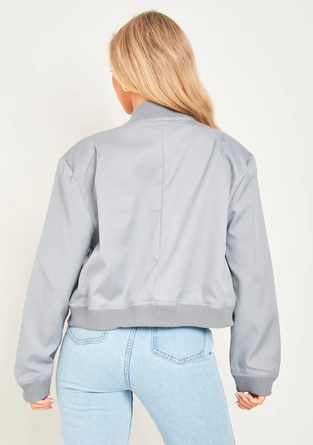 Becca Light Grey Button Up Cropped Bomber Jacket sold by Missy Empire product image thumbnail 3