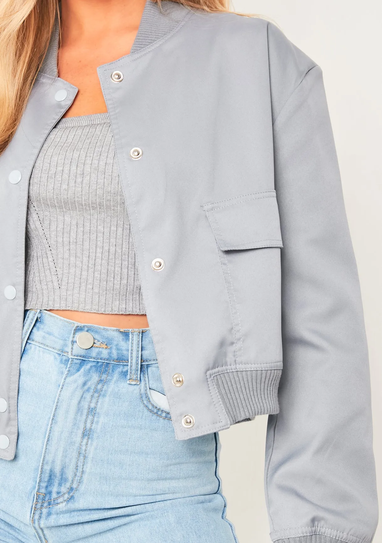 Becca Light Grey Button Up Cropped Bomber Jacket sold by Missy Empire product image thumbnail 2