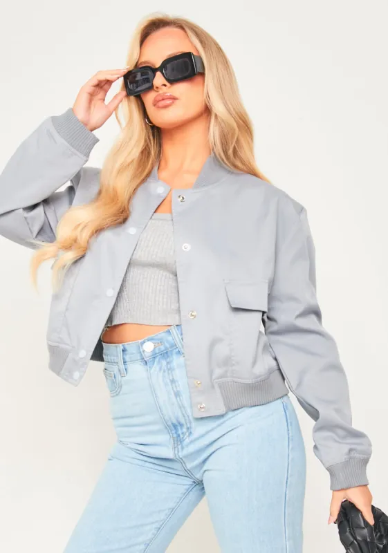 Becca Light Grey Button Up Cropped Bomber Jacket sold by Missy Empire