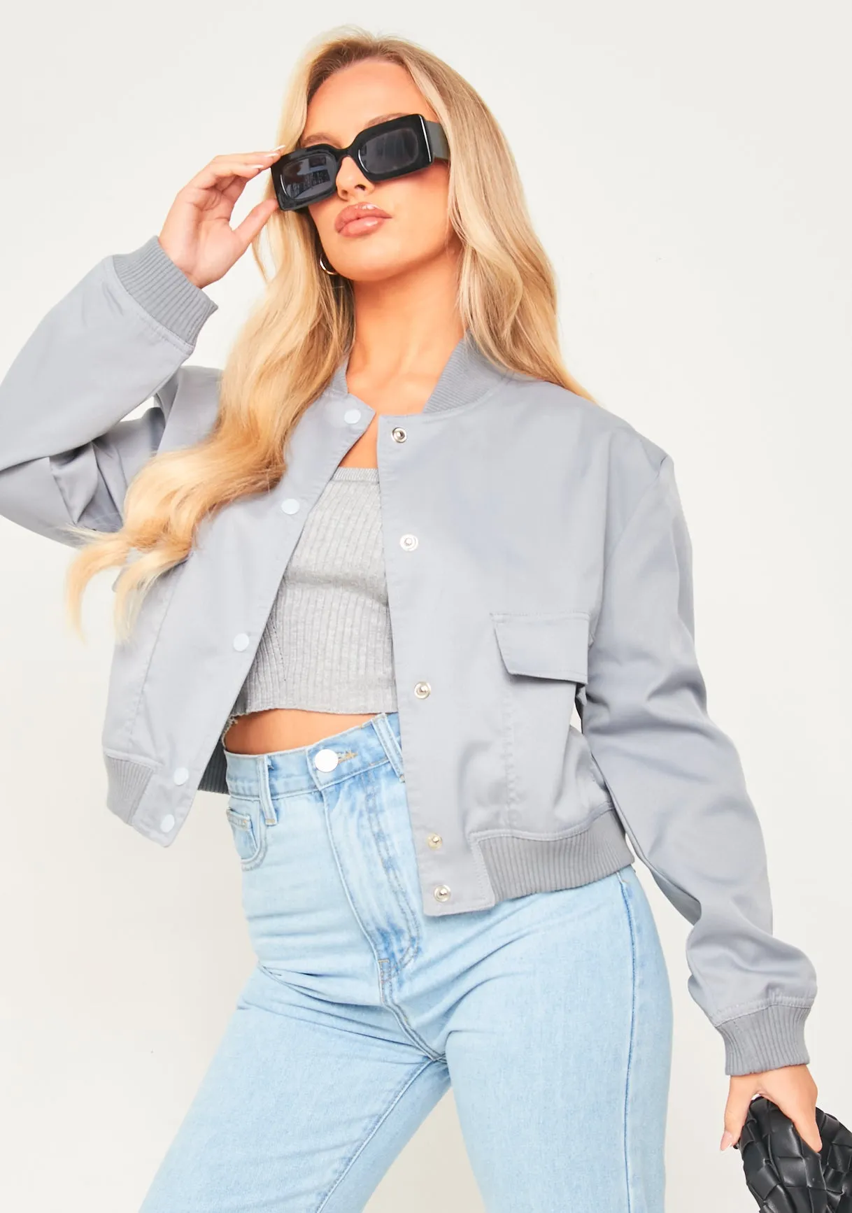 Becca Light Grey Button Up Cropped Bomber Jacket sold by Missy Empire