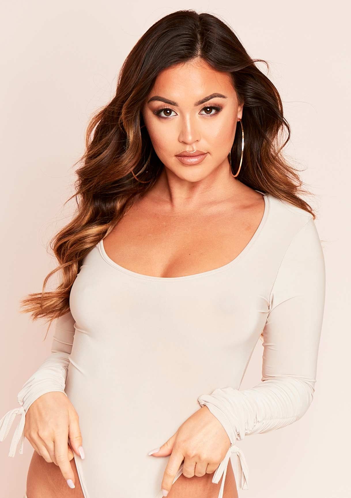 Irsa Stone Ruched Sleeve Slinky Bodysuit sold by Missy Empire