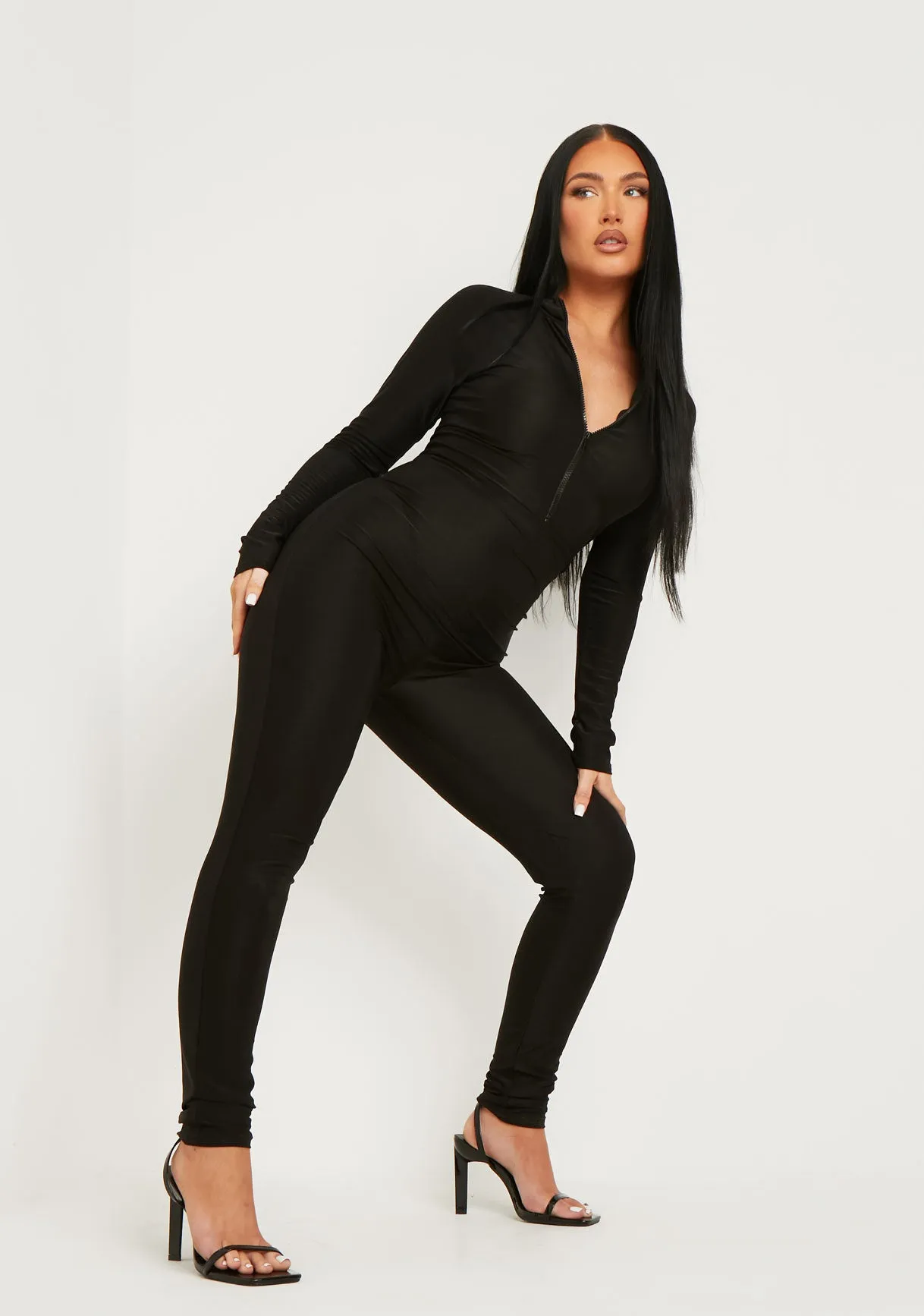Zora Black Disco Zip Front Jumpsuit sold by Missy Empire