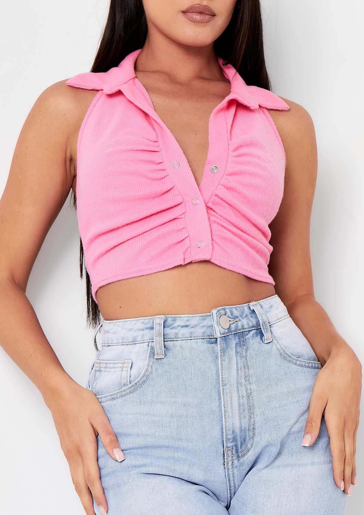 Vivian Pink Popper Brushed Ribbed Ruched Front Collar Crop Top sold by Missy Empire product image thumbnail 4