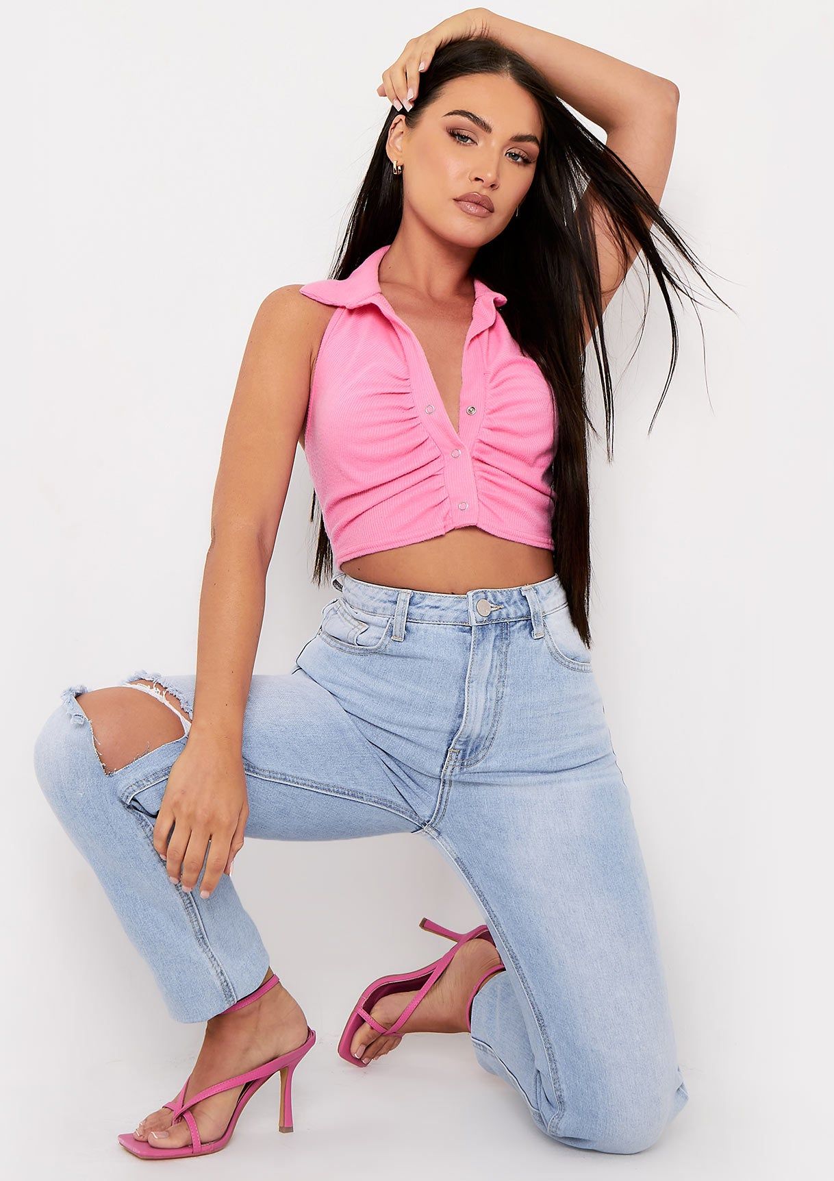Vivian Pink Popper Brushed Ribbed Ruched Front Collar Crop Top sold by Missy Empire product image thumbnail 2