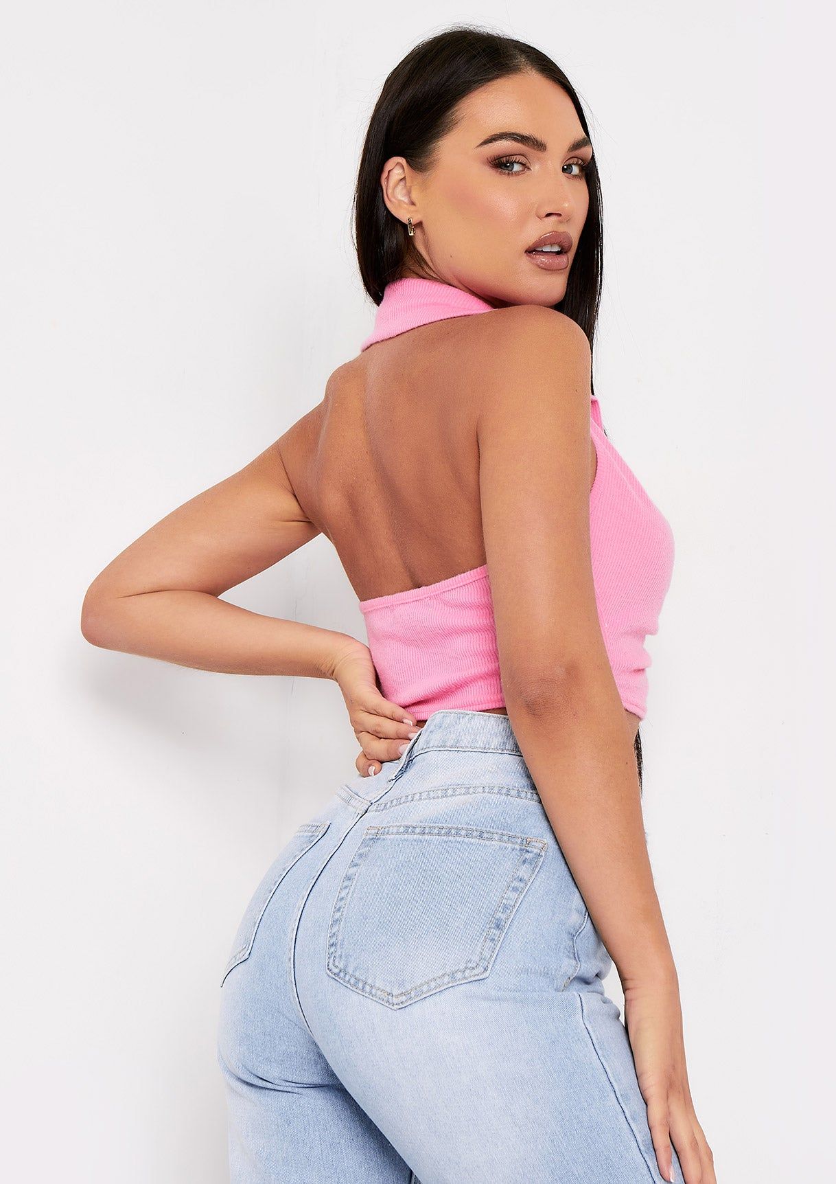 Vivian Pink Popper Brushed Ribbed Ruched Front Collar Crop Top sold by Missy Empire product image thumbnail 3