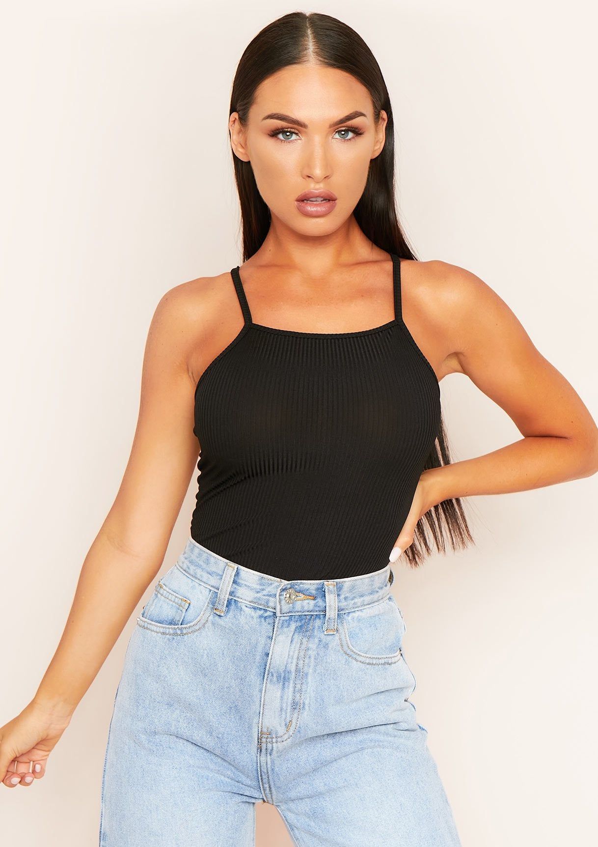 Sofia Black Ribbed Strappy Square Neck Bodysuit sold by Missy Empire