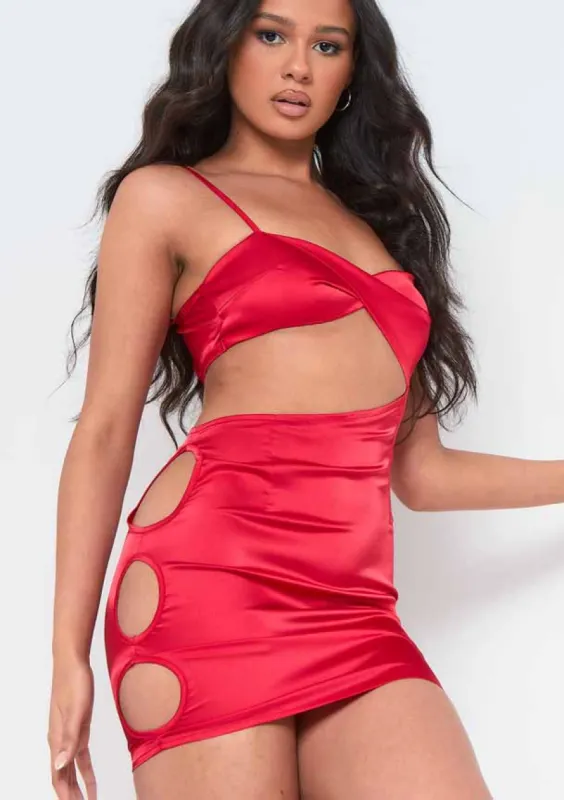 Lorna Red Satin Cut Out Side Mini Dress sold by Missy Empire