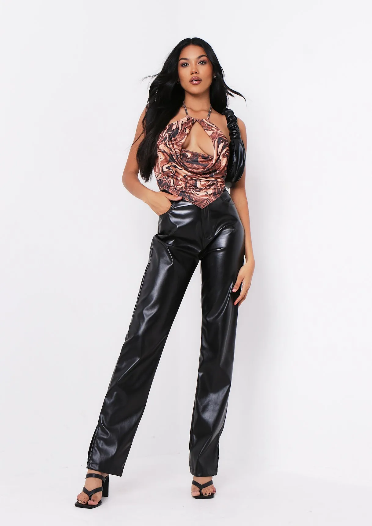 Hazel Brown Print Plunge Pointed Hem Slinky Halterneck Top sold by Missy Empire