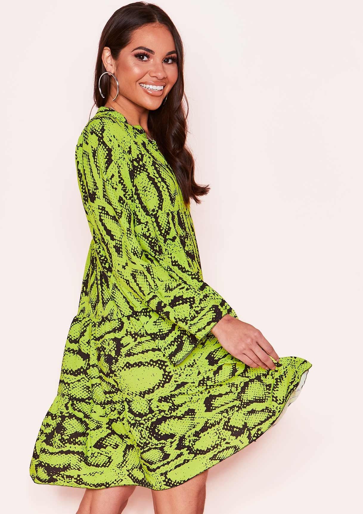 Clare Lime Green Snake Print Smock Dress sold by Missy Empire product image thumbnail 2