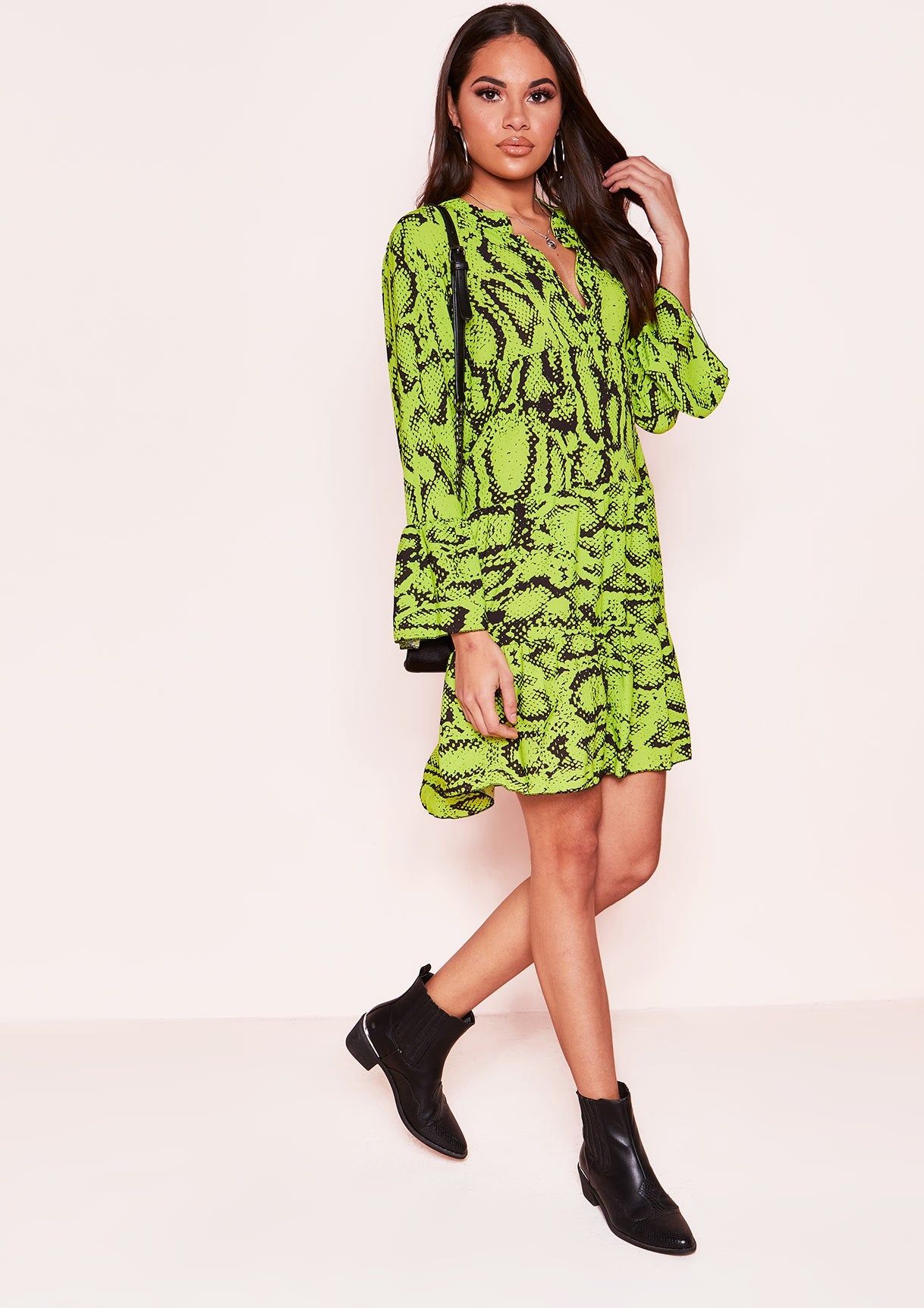 Clare Lime Green Snake Print Smock Dress sold by Missy Empire product image thumbnail 3