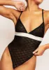 Kalani Black Missy Empire Embroidered Mesh Tape Plunge Strappy Bodysuit sold by Missy Empire