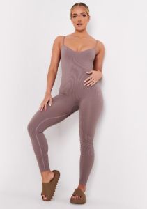 Kora Mocha Ribbed Seamless Strappy Jumpsuit sold by Missy Empire