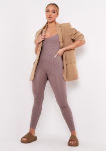 Kora Mocha Ribbed Seamless Strappy Jumpsuit sold by Missy Empire