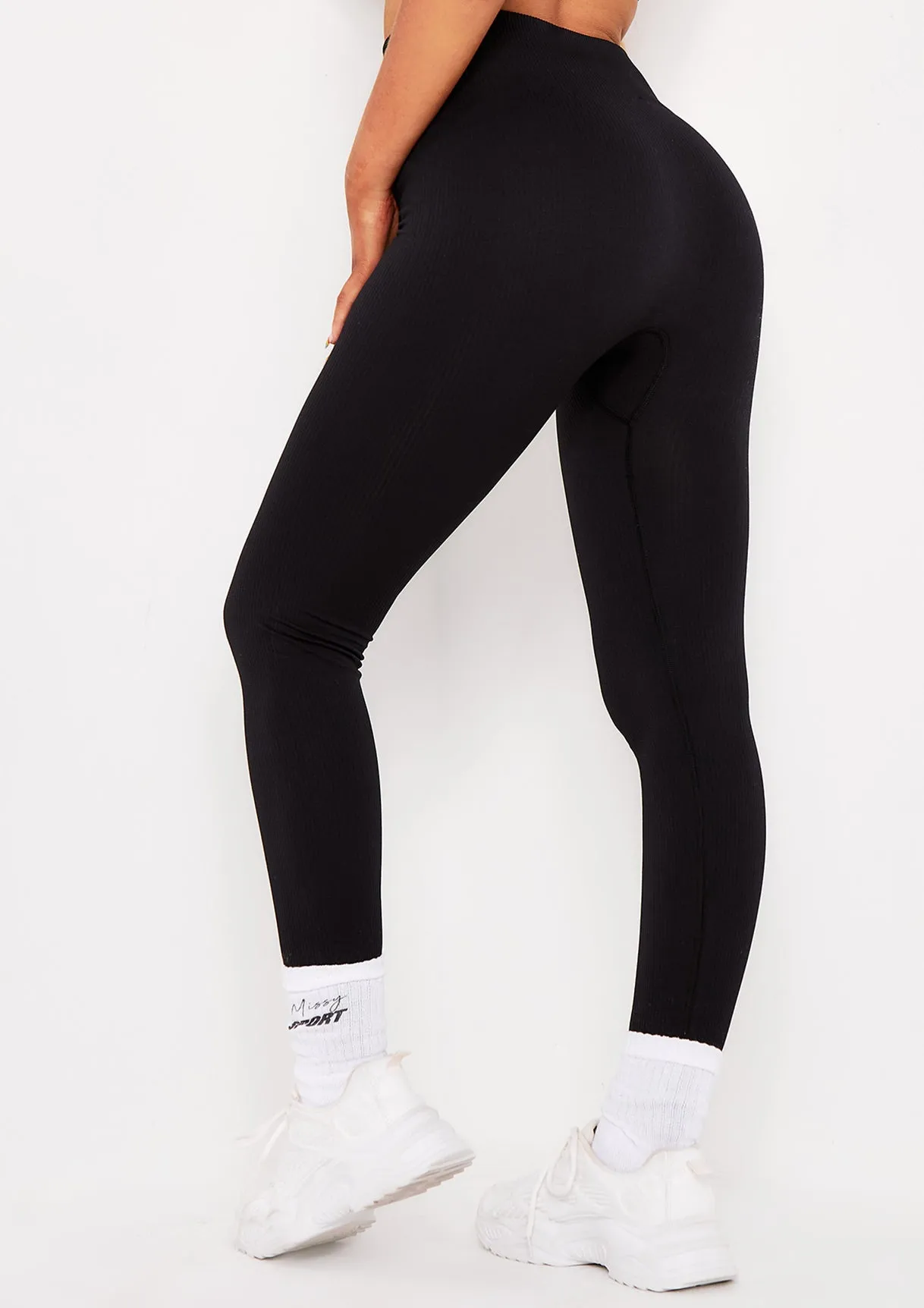 Cyndi Black Seamless Ribbed High Waisted Leggings sold by Missy Empire product image thumbnail 4