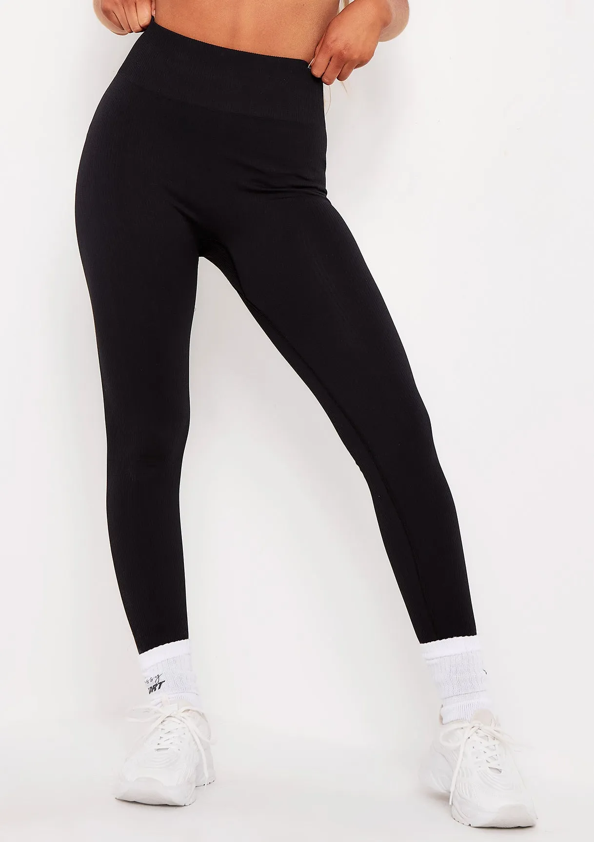 Cyndi Black Seamless Ribbed High Waisted Leggings sold by Missy Empire product image thumbnail 3