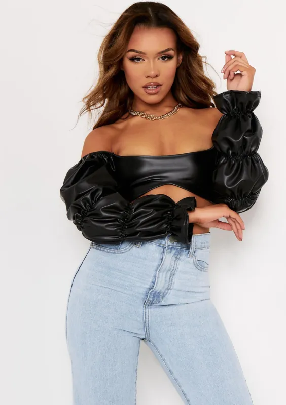 Ariel Black PU Ruched Sleeve Crop Top sold by Missy Empire