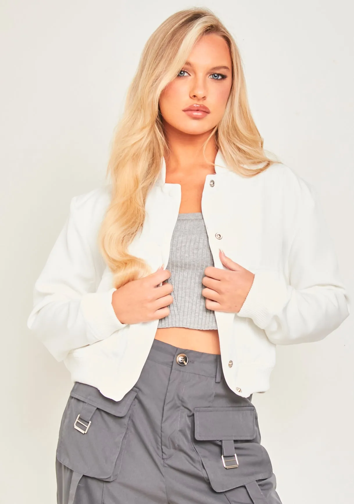 Becca White Button Up Cropped Bomber Jacket sold by Missy Empire