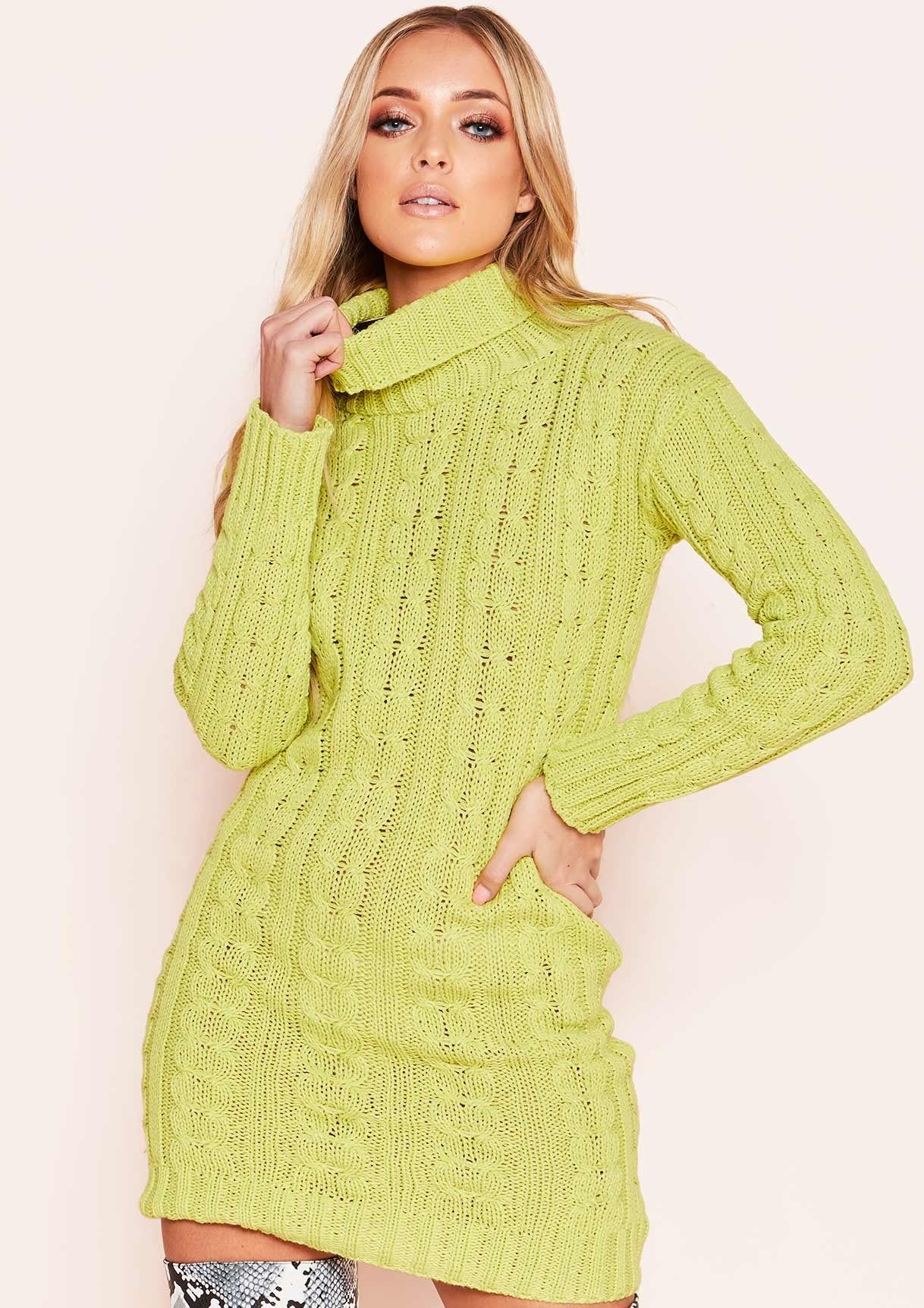 Jenny Lime Green Chunky Knit High Neck Jumper Dress sold by Missy Empire product image thumbnail 3