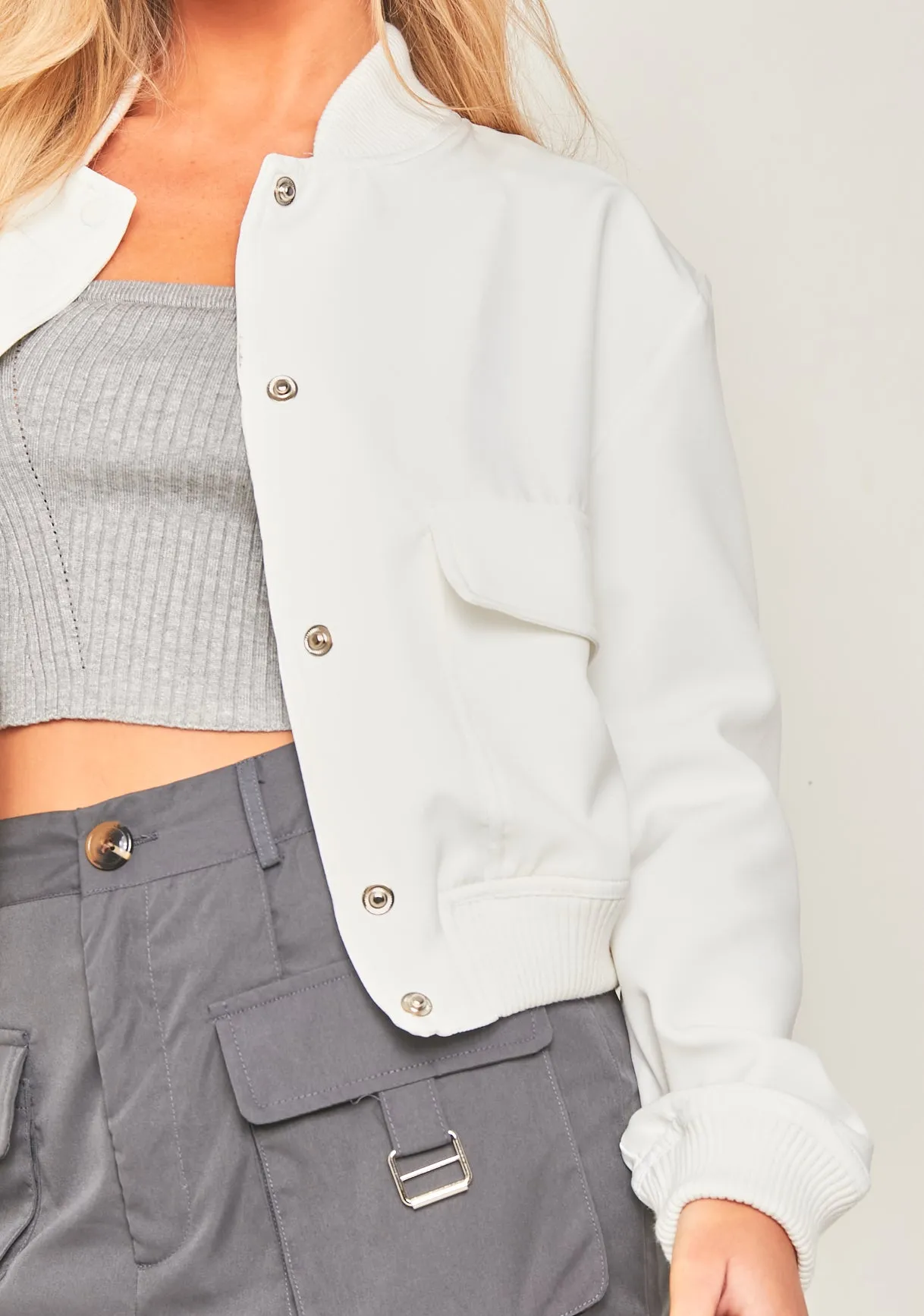Becca White Button Up Cropped Bomber Jacket sold by Missy Empire product image thumbnail 2