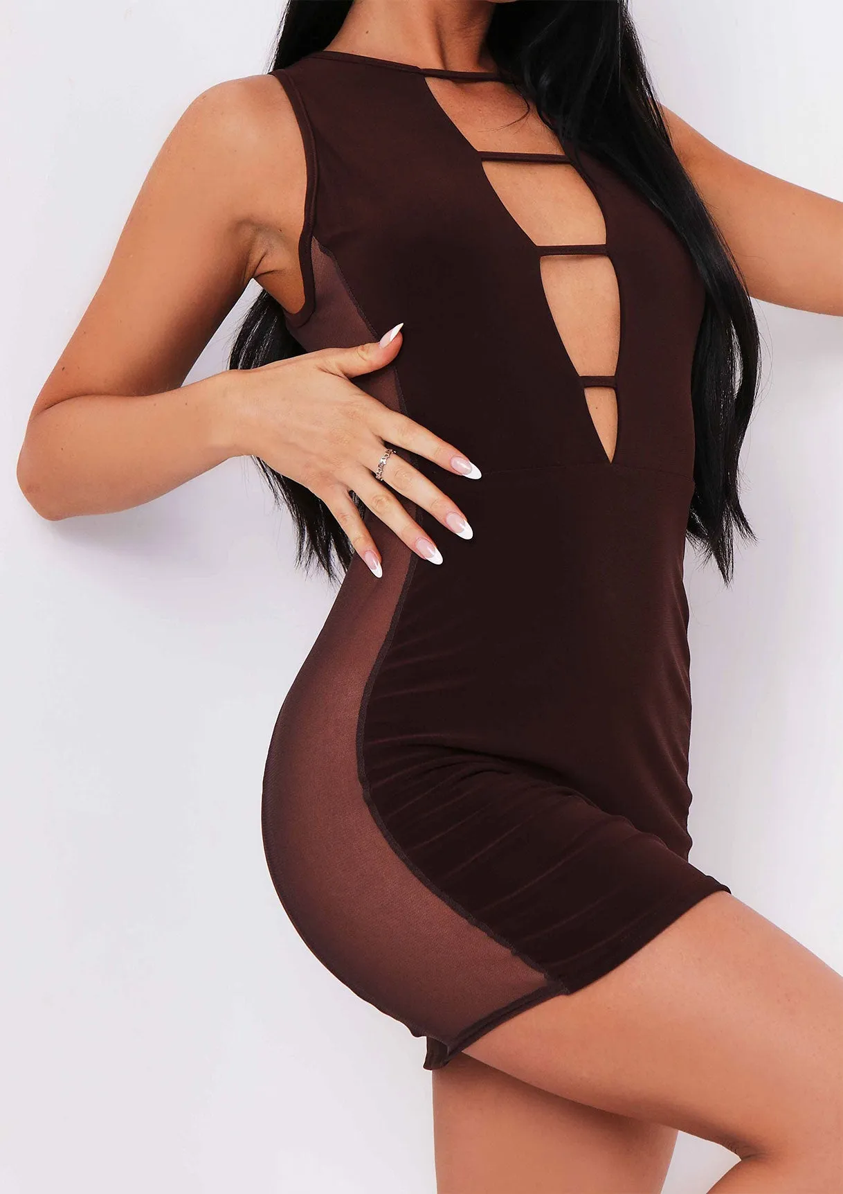 Kali Chocolate Mesh Side Cut Out Mini Dress sold by Missy Empire product image thumbnail 4