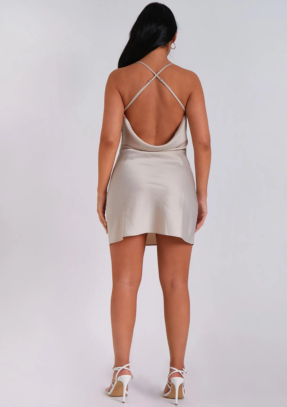 Amira Champagne Cross Back Cowl Neck Mini Dress sold by Missy Empire product image thumbnail 3