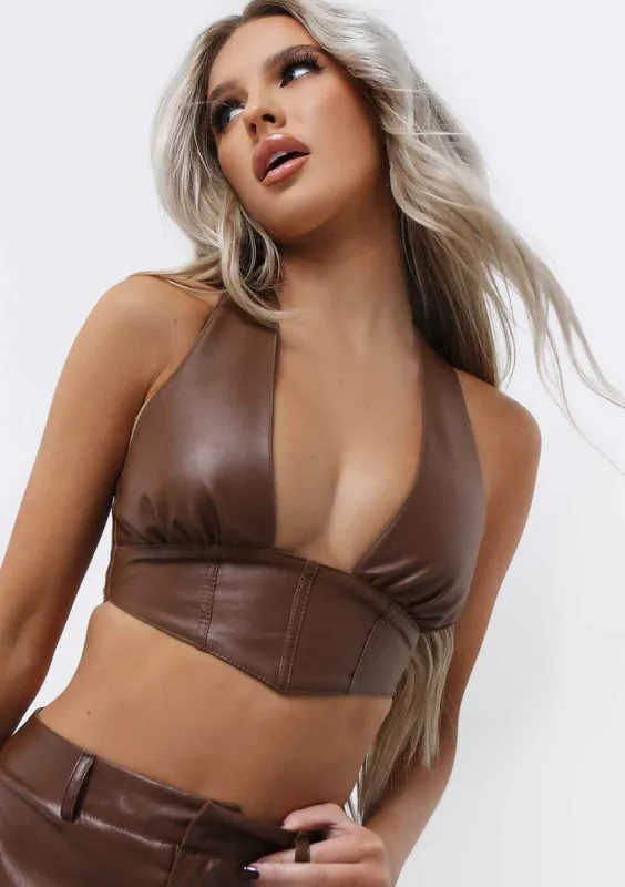Romy Chocolate PU Cropped Corset Halterneck Top sold by Missy Empire