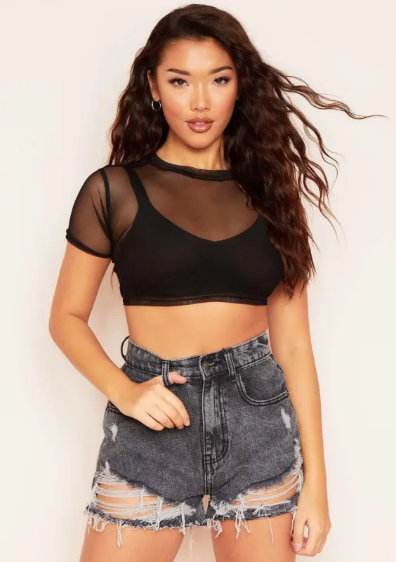 Ruby Black Highneck Mesh Crop Top sold by Missy Empire