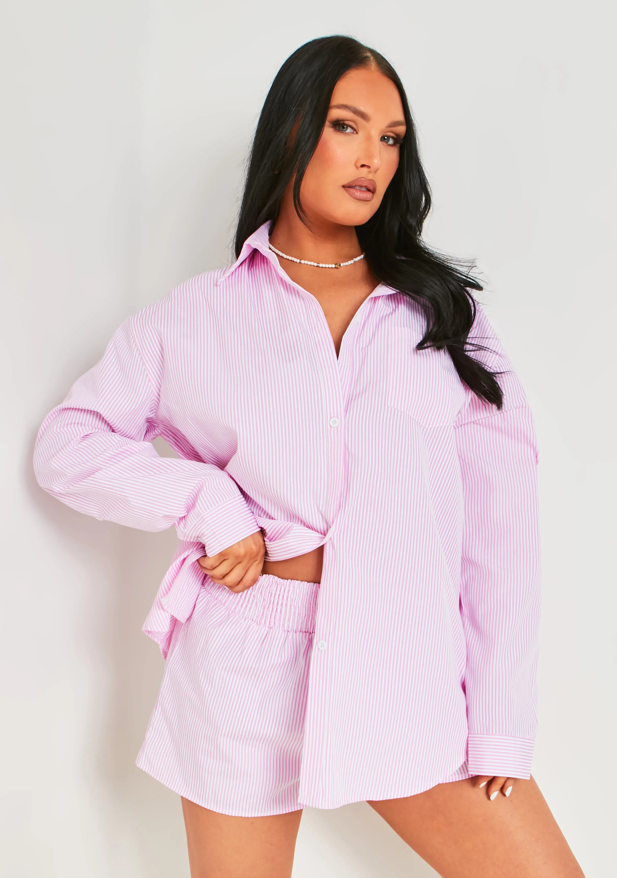 Hallie Pink Pinstripe Oversized Shirt sold by Missy Empire