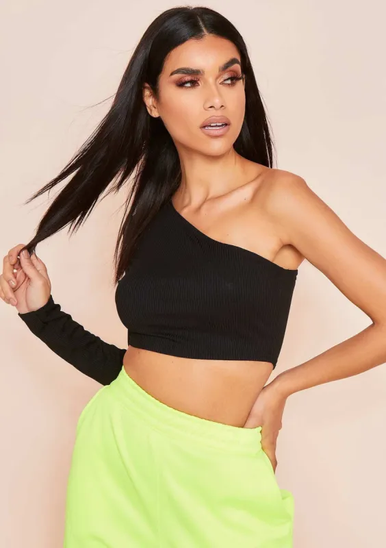Lottie Black Ribbed One Shoulder Crop Top sold by Missy Empire