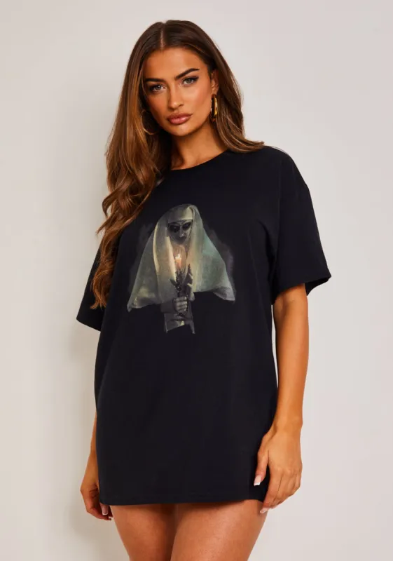 Veronica Black Halloween Nun Oversized Graphic T-Shirt sold by Missy Empire