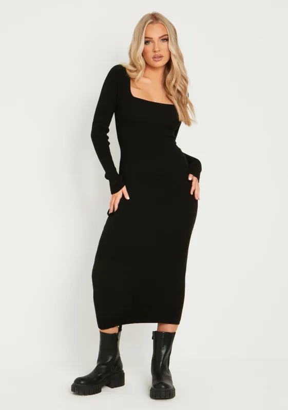 Kim Black Knit Square Neck Long Sleeve Midi Dress sold by Missy Empire